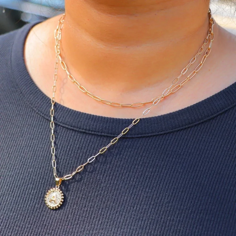 2 LAYER GOLD LETTER INITIAL COIN ROUND/CIRCLE PENDANT DAINTY NECKLACE, ELDM22154 - Picture 6 of 13
